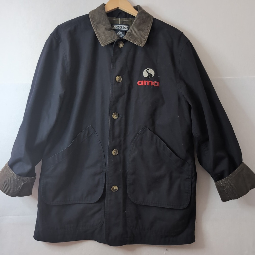 Vtg Lands End Mens Navy Blue Canvas Barn Coat AMCI Logo Plaid Lined Medium 38-40
